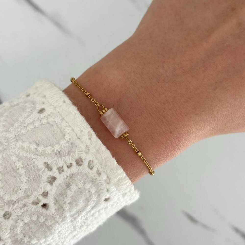 SKU:0181 gold bracelet pink quartz natural stone Material stainless steel will